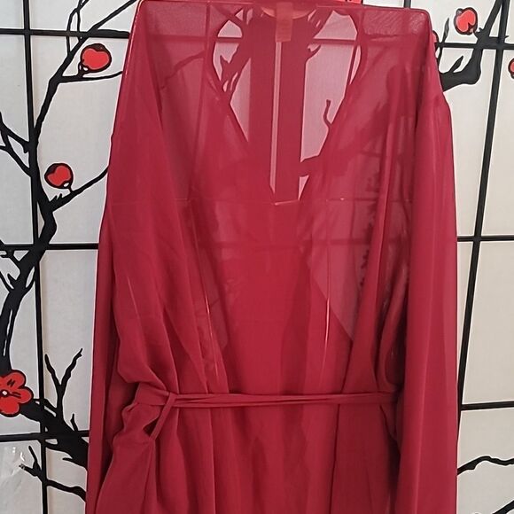 Flora Nikrooz Plum/Red Apliqued Sleeve Sheer Robe in size L/XL NWT - Picture 5 of 11